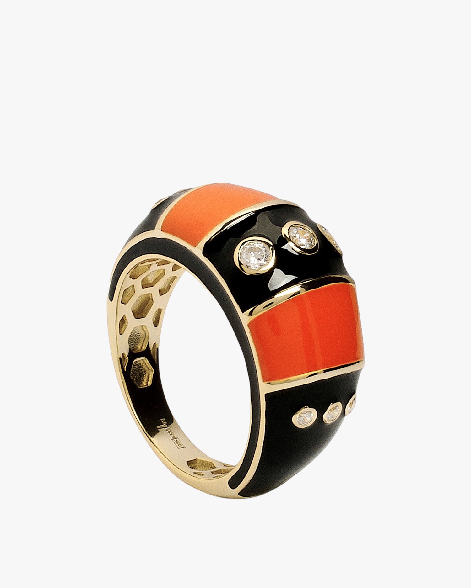 Anillo de plata chapado en oro con esmalte negro piedra naranja y circonitas
