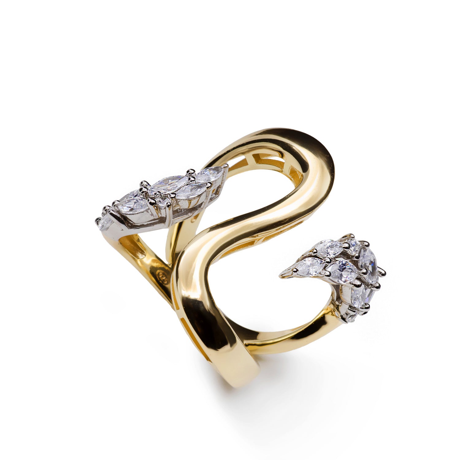 Anillo de plata bañada en oro bicolor con circonitas – diseño orgánico