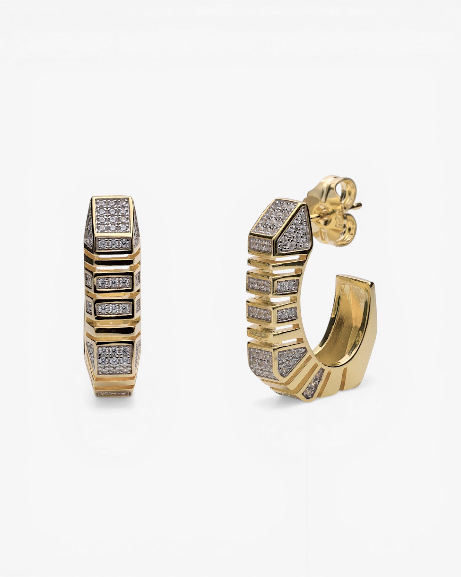 Gold-plated sterling silver geometric hoop earrings with cubic zirconia