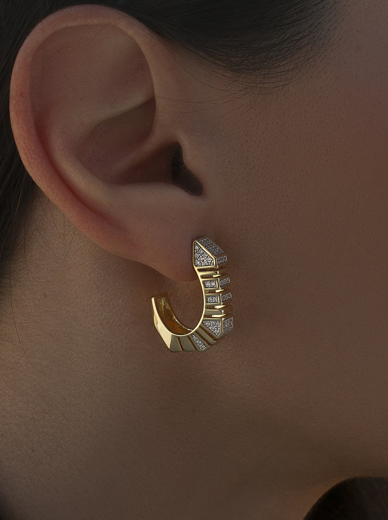 Gold-plated sterling silver geometric hoop earrings with cubic zirconia