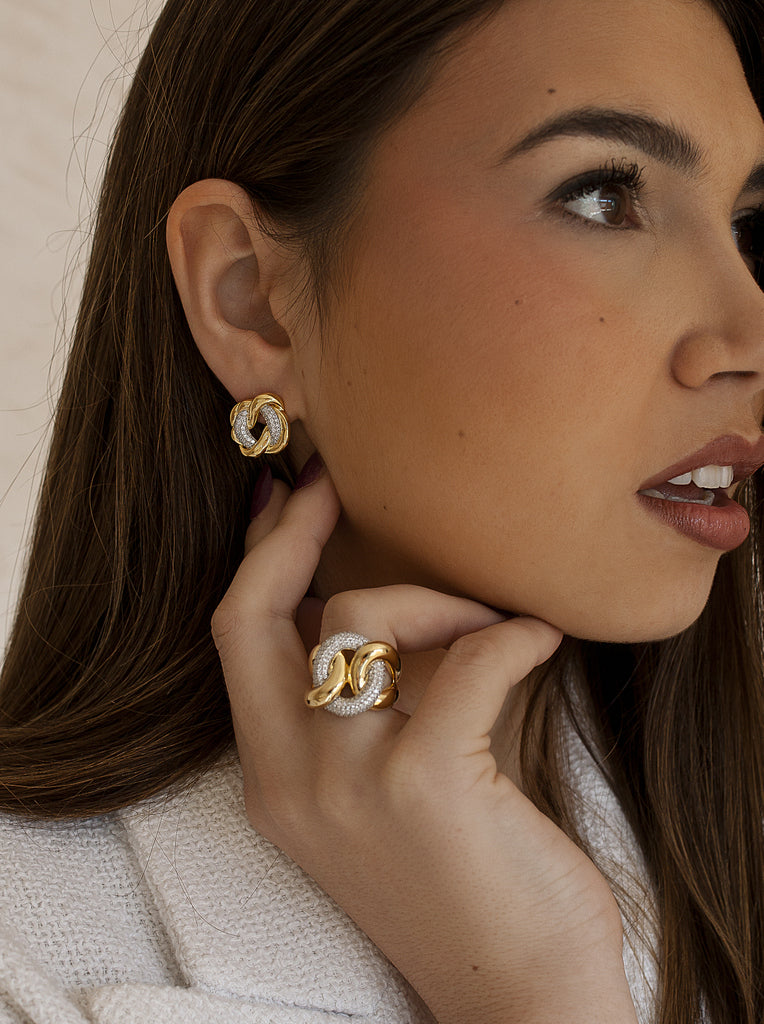 Boucles d'oreilles bicolores en argent 925 avec maillons et zircons cubiques