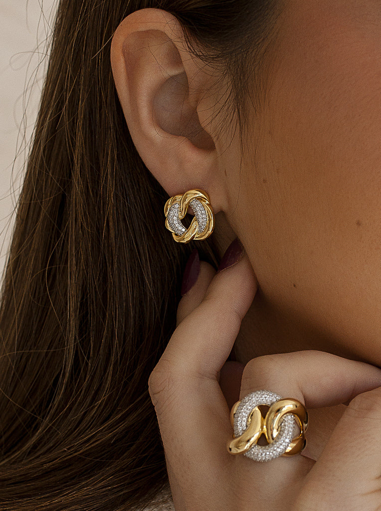 Boucles d'oreilles bicolores en argent 925 avec maillons et zircons cubiques