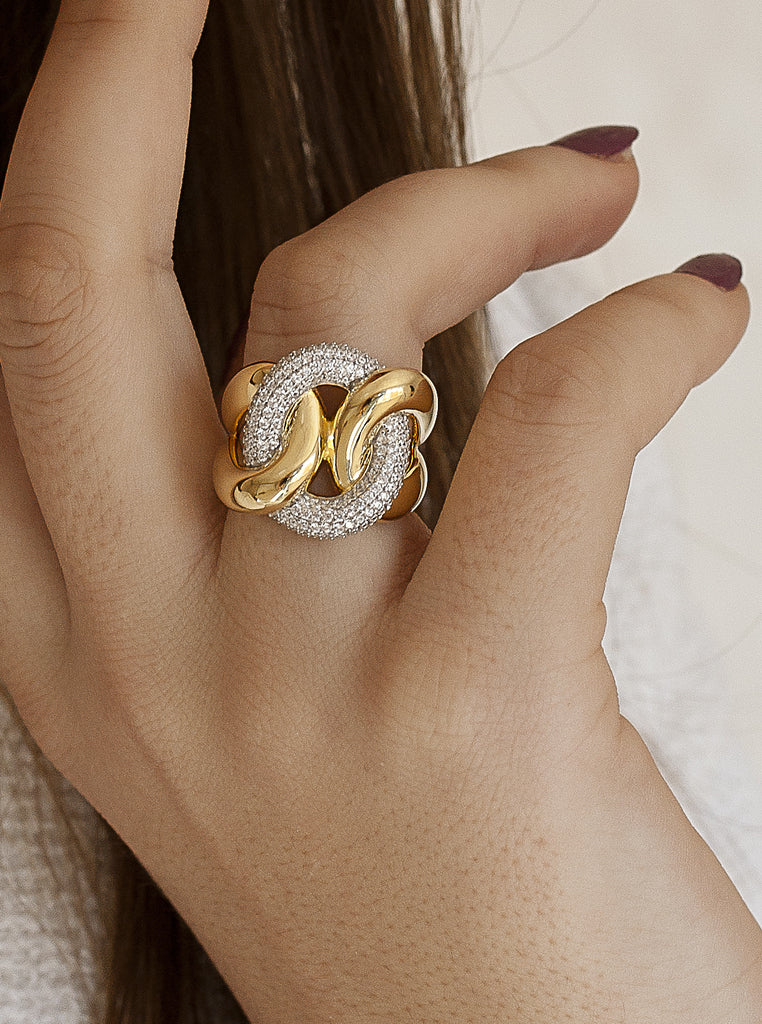Bague large en argent 925 bicolore avec maillons et zircons