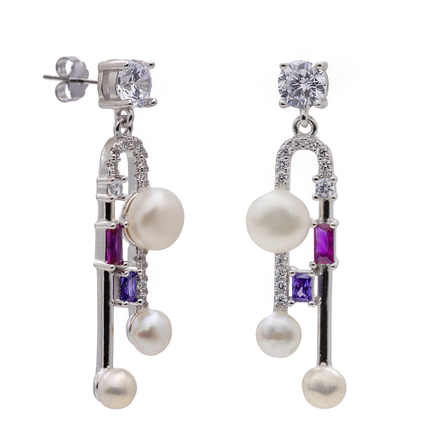 Pendientes largos de plata con perlas y piedras fucsia y lila