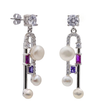 Pendientes largos de plata con perlas y piedras fucsia y lila