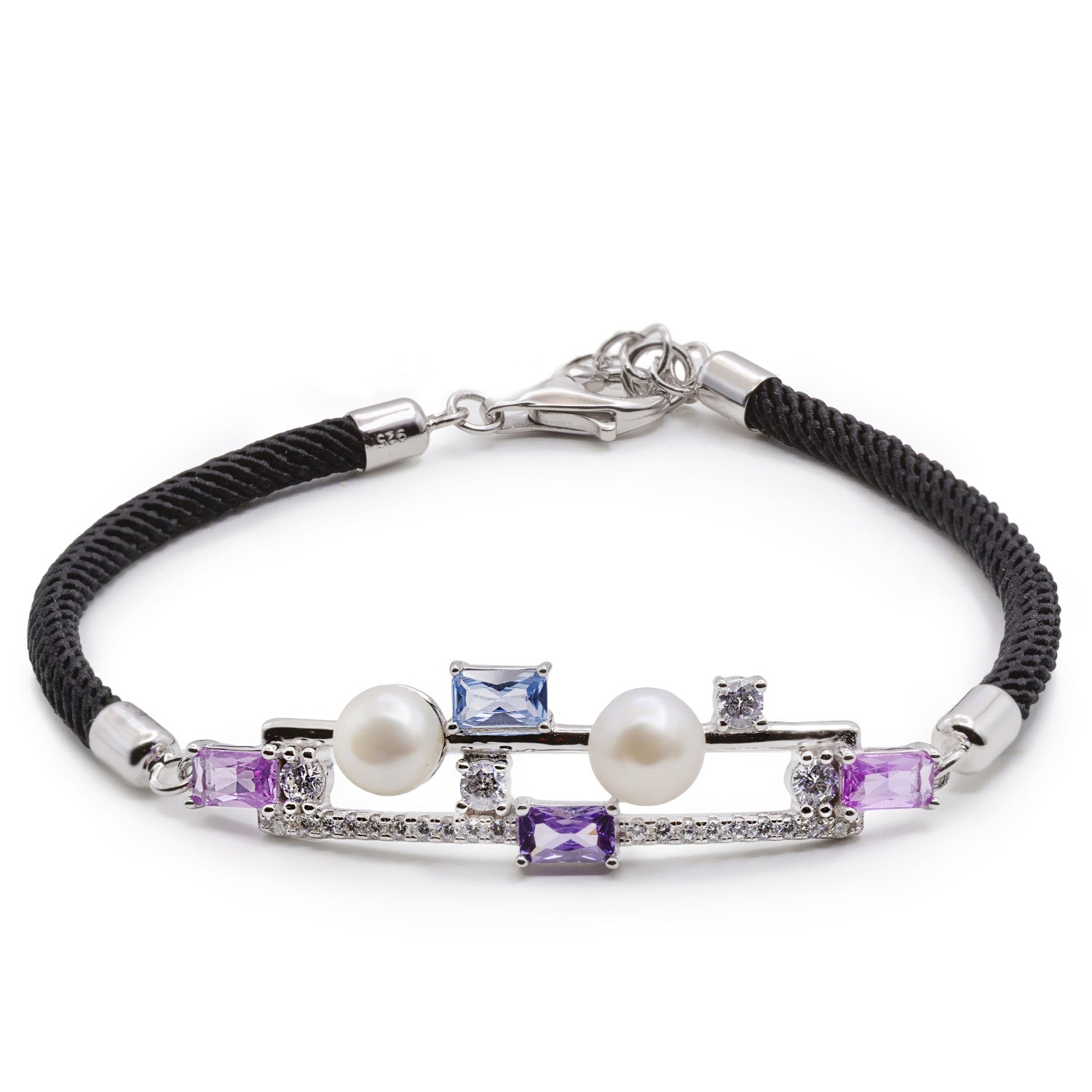 Pulsera de plata con perlas y piedras fucsia lila y azul cielo