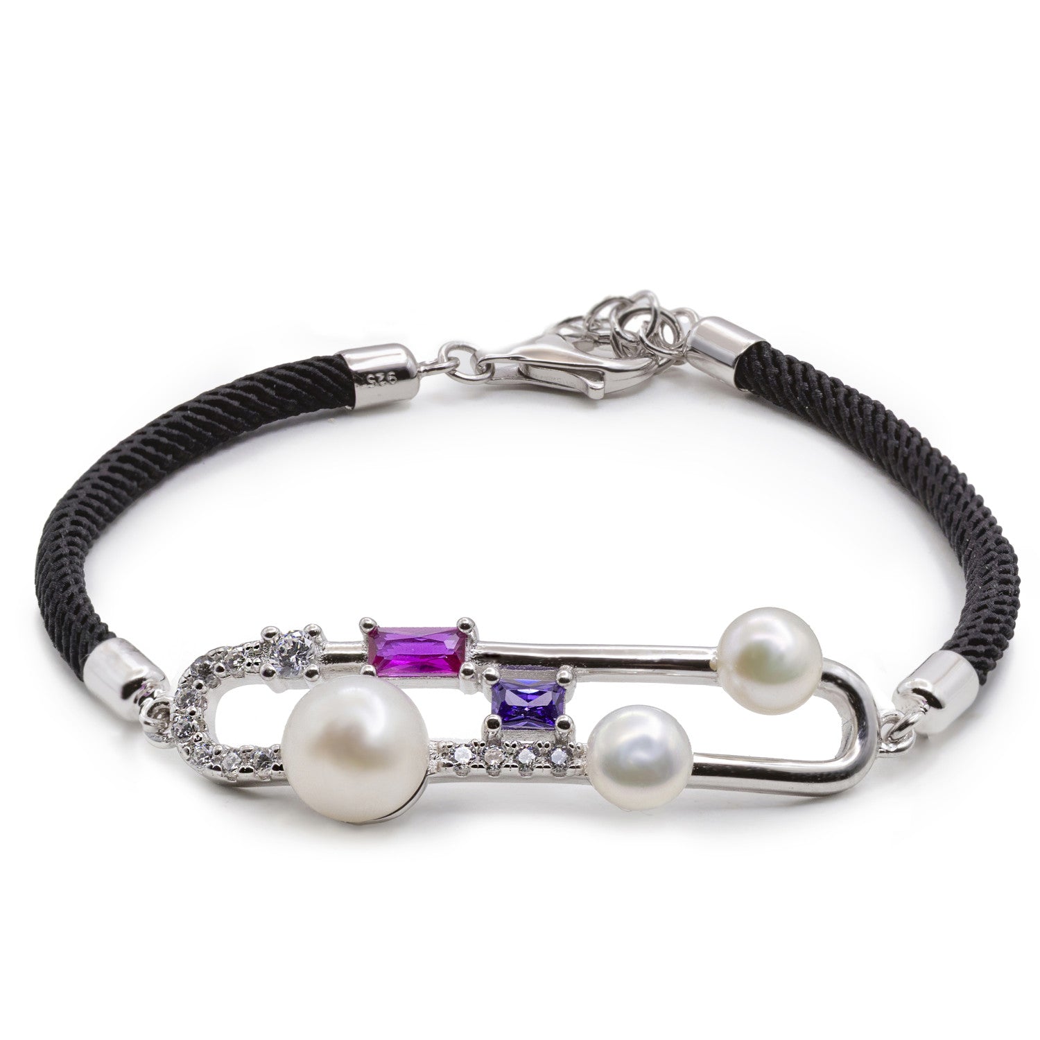 Pulsera de plata con perlas y piedras fucsia lila y azul cielo