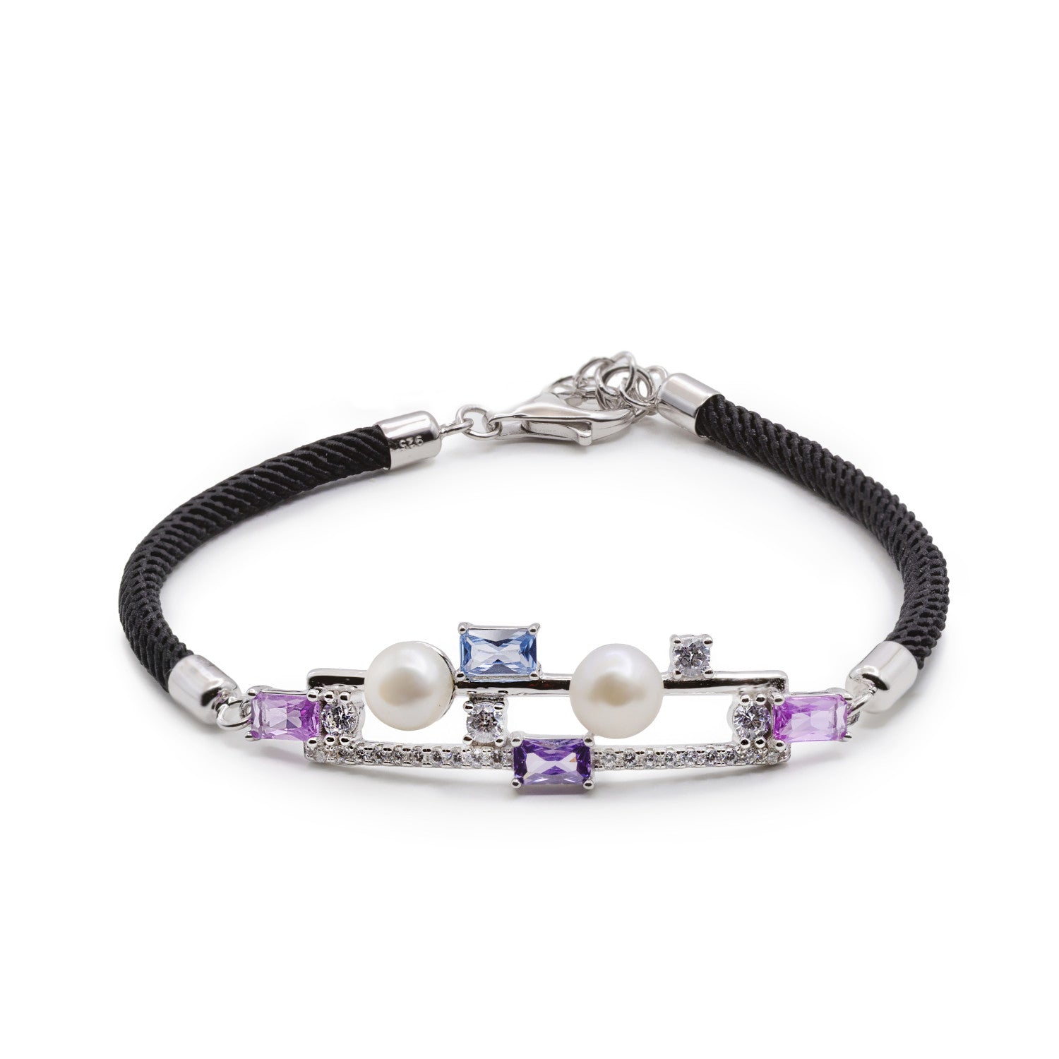 Pulsera de plata con perlas y piedras fucsia lila y azul cielo