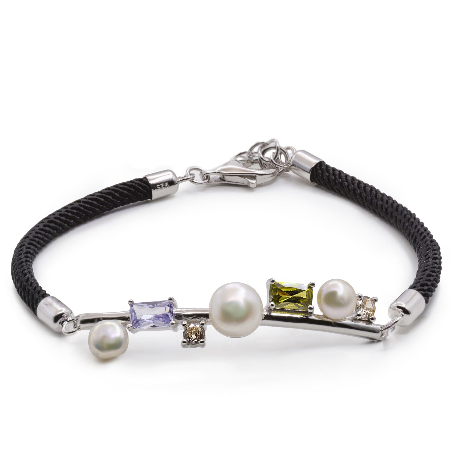 Pulsera de plata de ley con cordón negro perlas y piedras de color