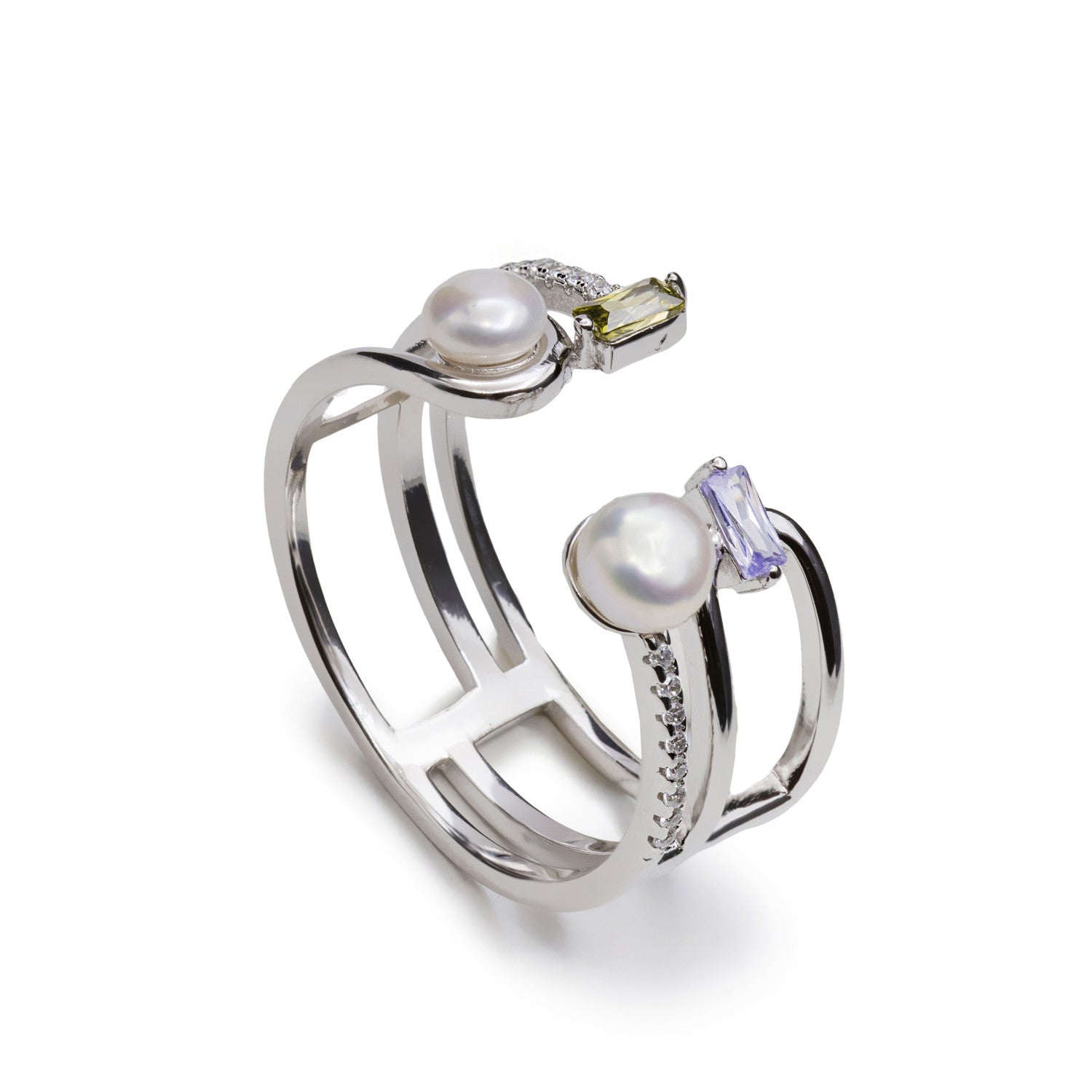 Anillo abierto de plata con perlas y piedras en tonos lila y verde oliva