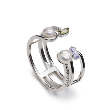 Anillo abierto de plata con perlas y piedras en tonos lila y verde oliva