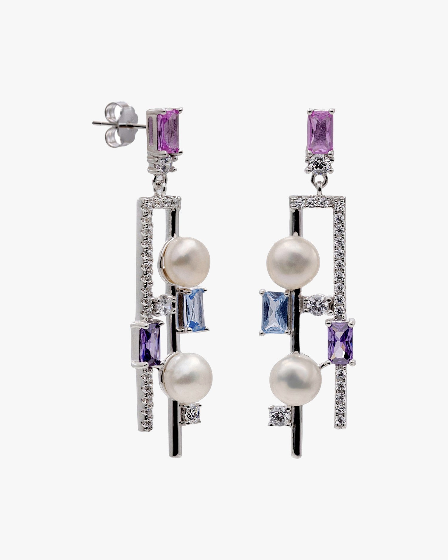 Pendientes largos de plata doble con perlas y piedras multicolor