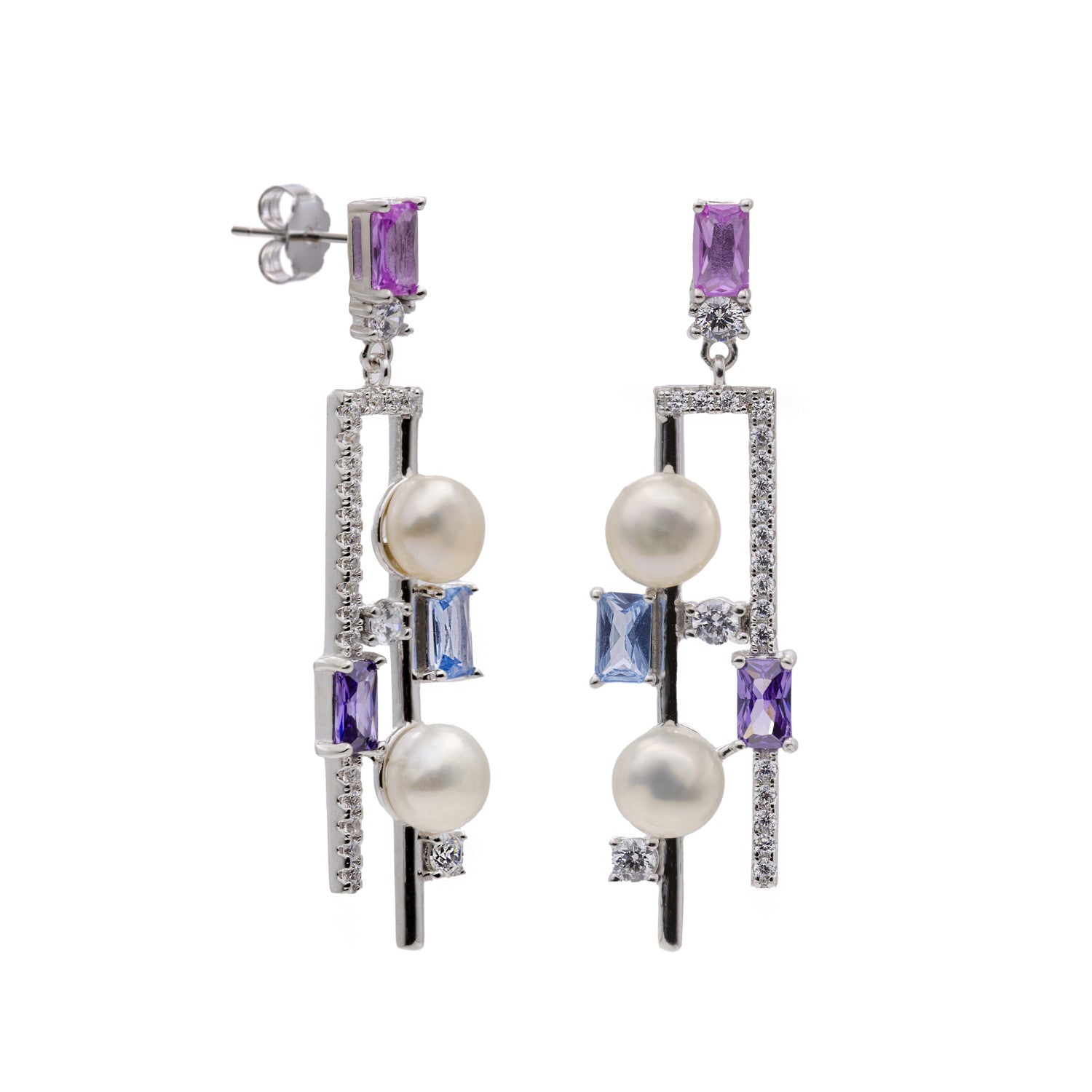 Pendientes largos de plata doble con perlas y piedras multicolor