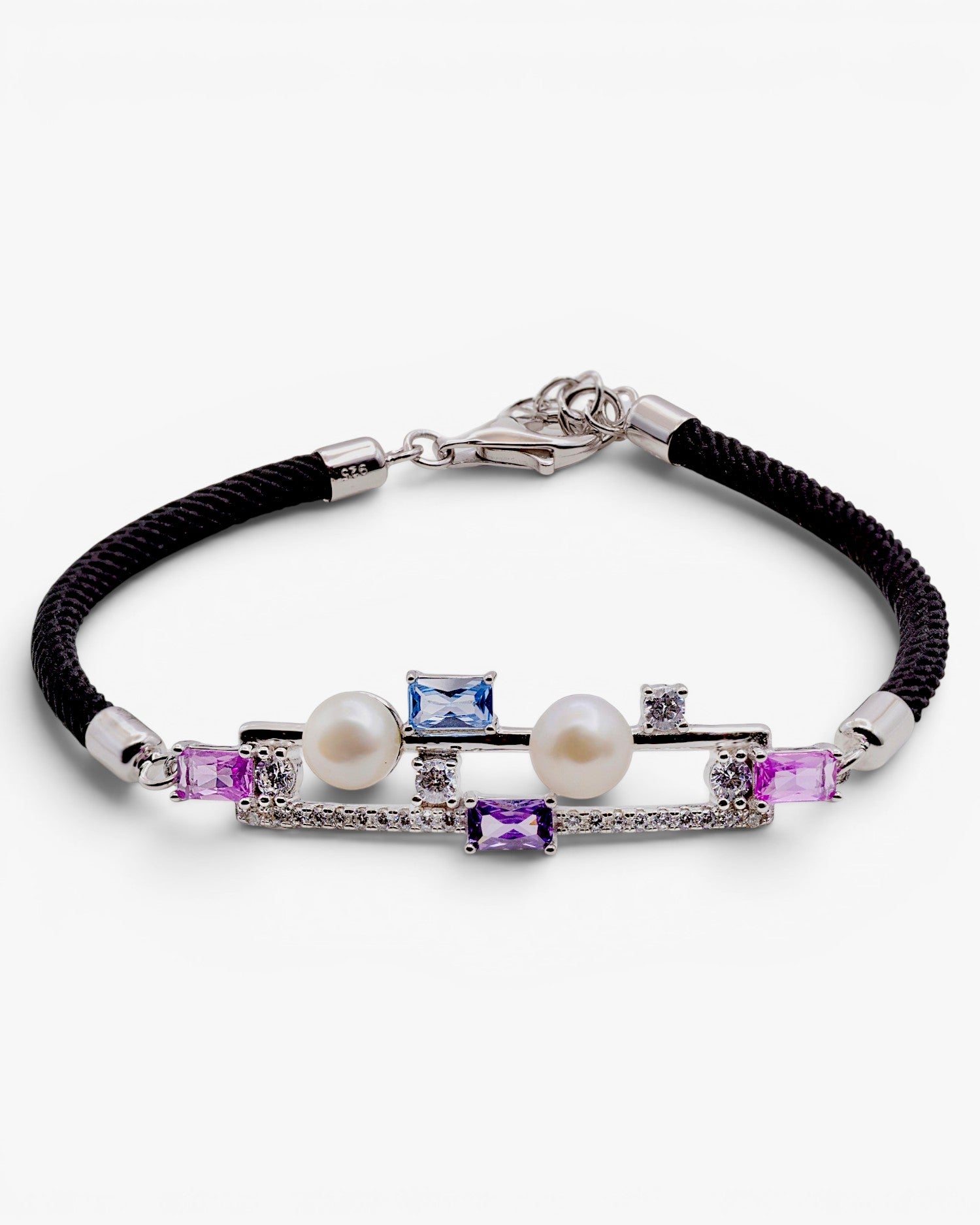 Pulsera de plata con perlas y piedras de color en cordón negro