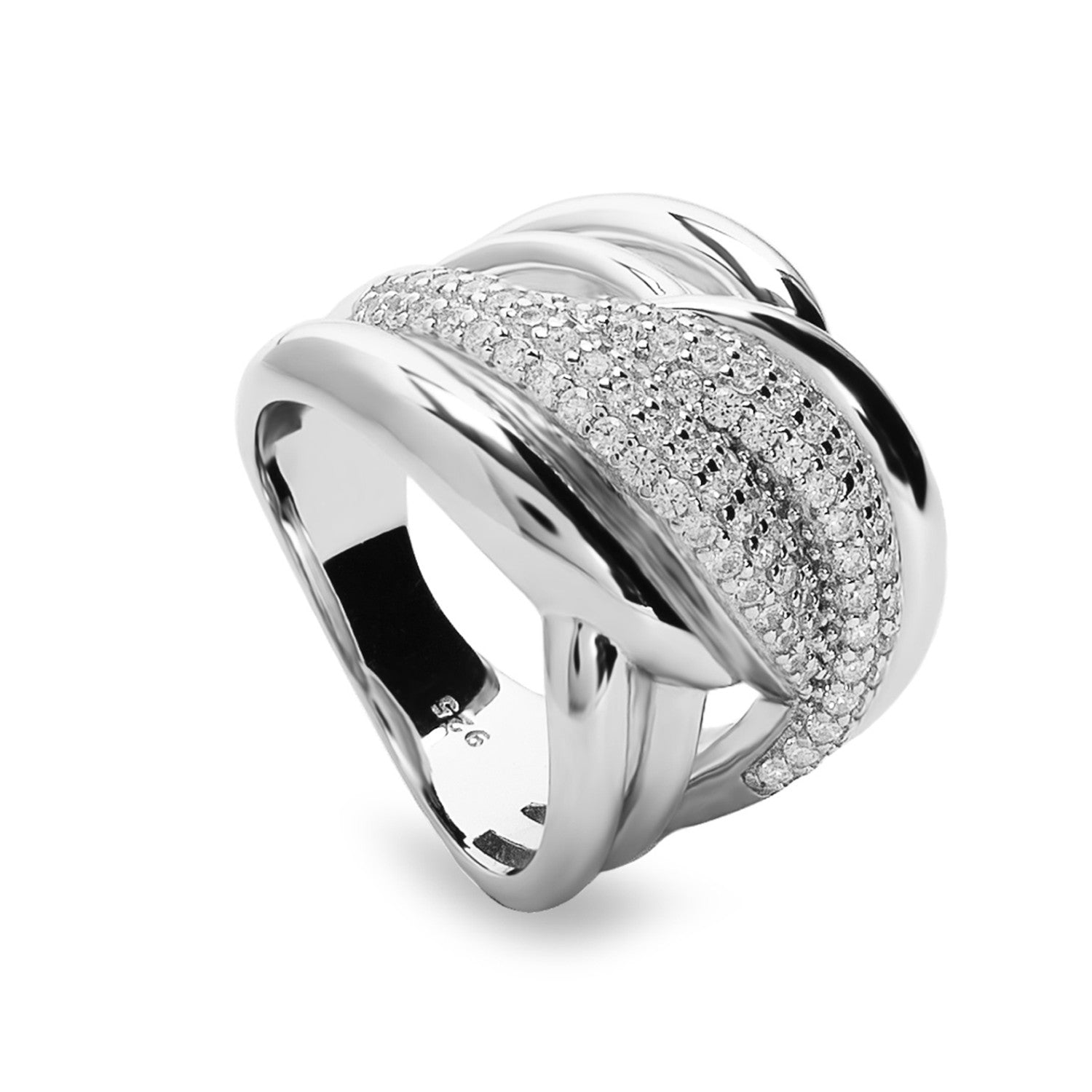 Anillo ancho cruzado de plata con circonitas