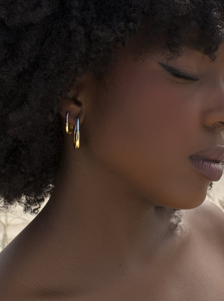 Two-tone silver hoop earrings, wide rectangular design