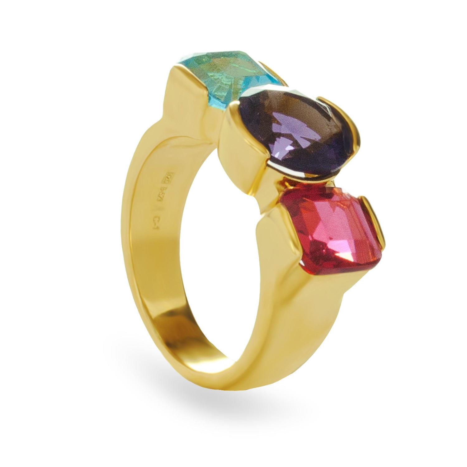 Anillo de plata bañado en oro con piedras turquesa violeta y fucsia