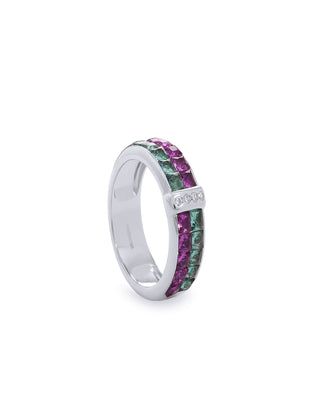 Silver ring with pink and green stones