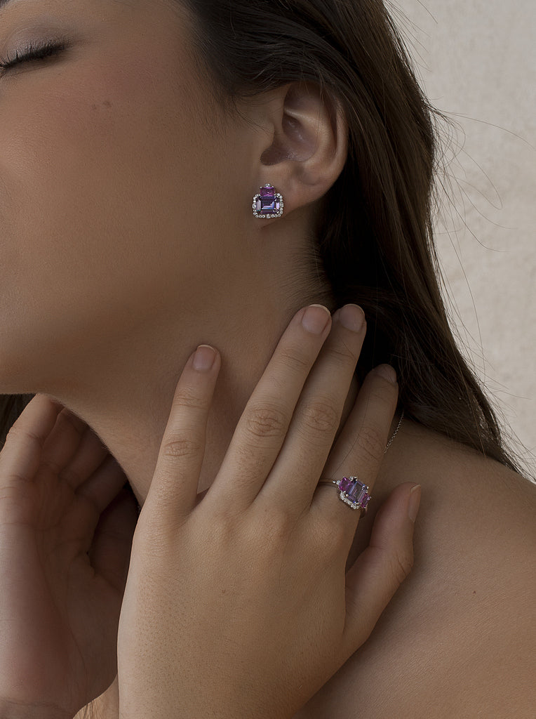 Pendientes de plata geométricos lila y fucsia
