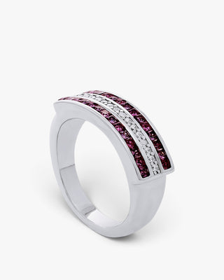 Silver ring with pink stones and a line of cubic zirconia