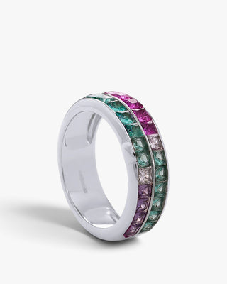 Silver ring with green, pink, and lilac stones