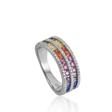 Anillo con piedras diseño doble raíl multicolor