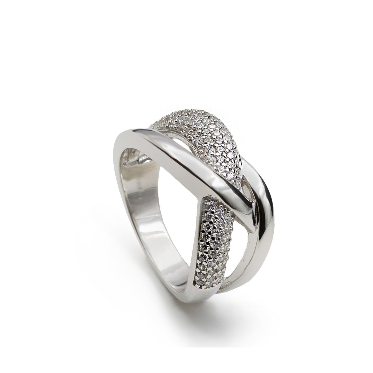 Anillo de plata con circonitas diseño entrelazado