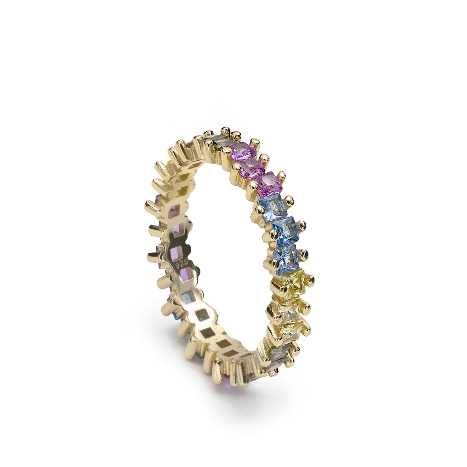 Anillo de plata con piedras de colores en talla princesa con grapas-LINEARGENT