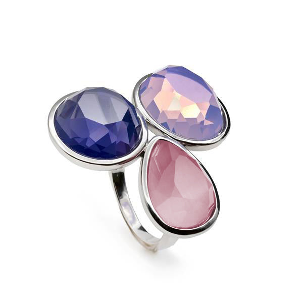 Anillo de plata con tres piedras facetadas en tonos violetas y rosa-LINEARGENT