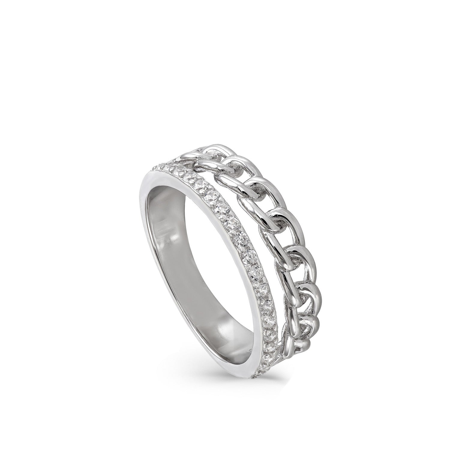 Anillo de plata doble rail en circonita y diseño eslabon (Testing)