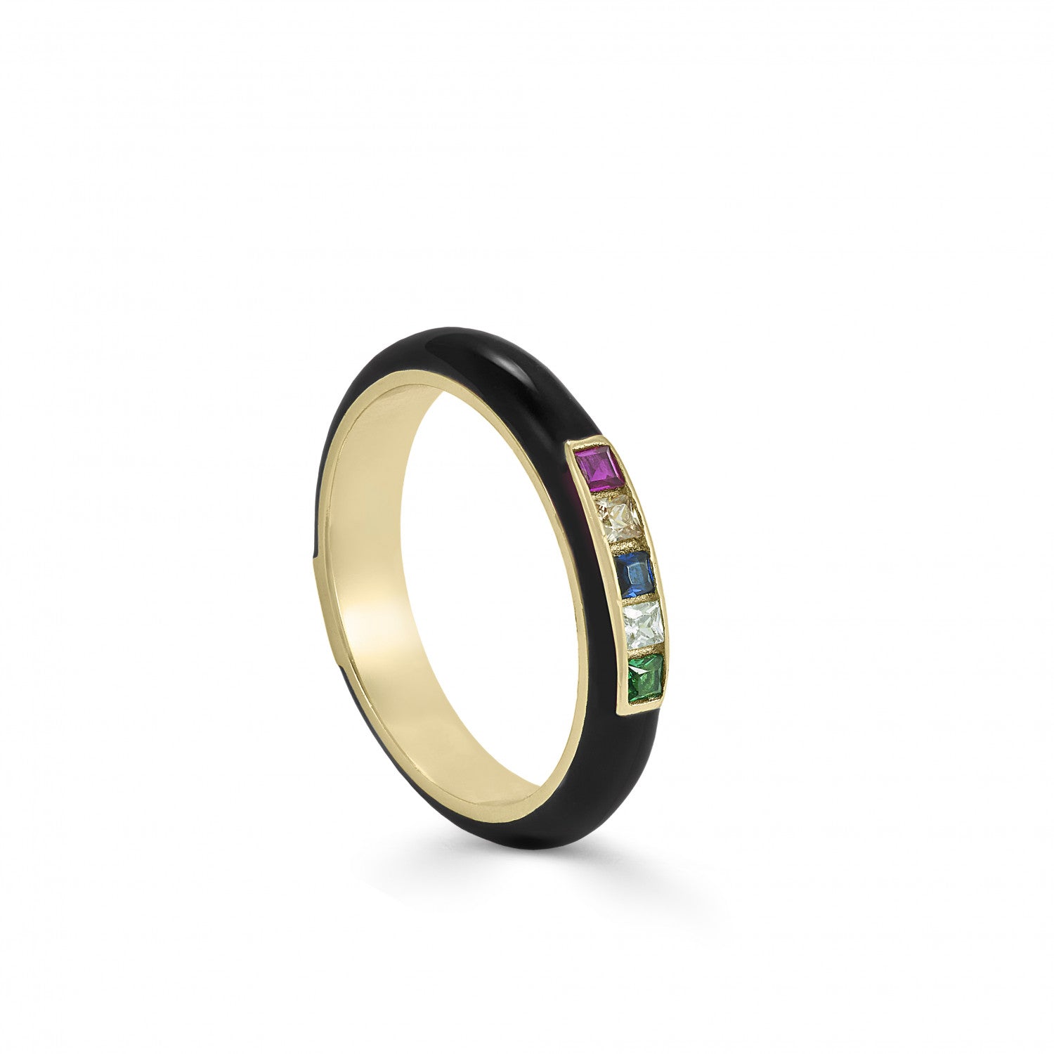 Anillo esmalte negro diseño cuarzos adamantinos multicolores-LINEARGENT