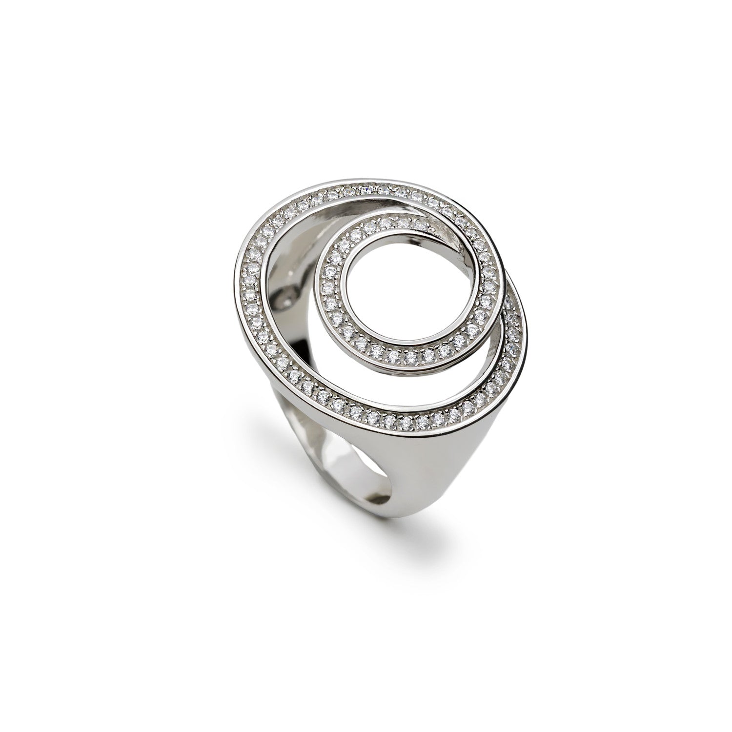 Anillo grande de plata con circonitas diseño espiral