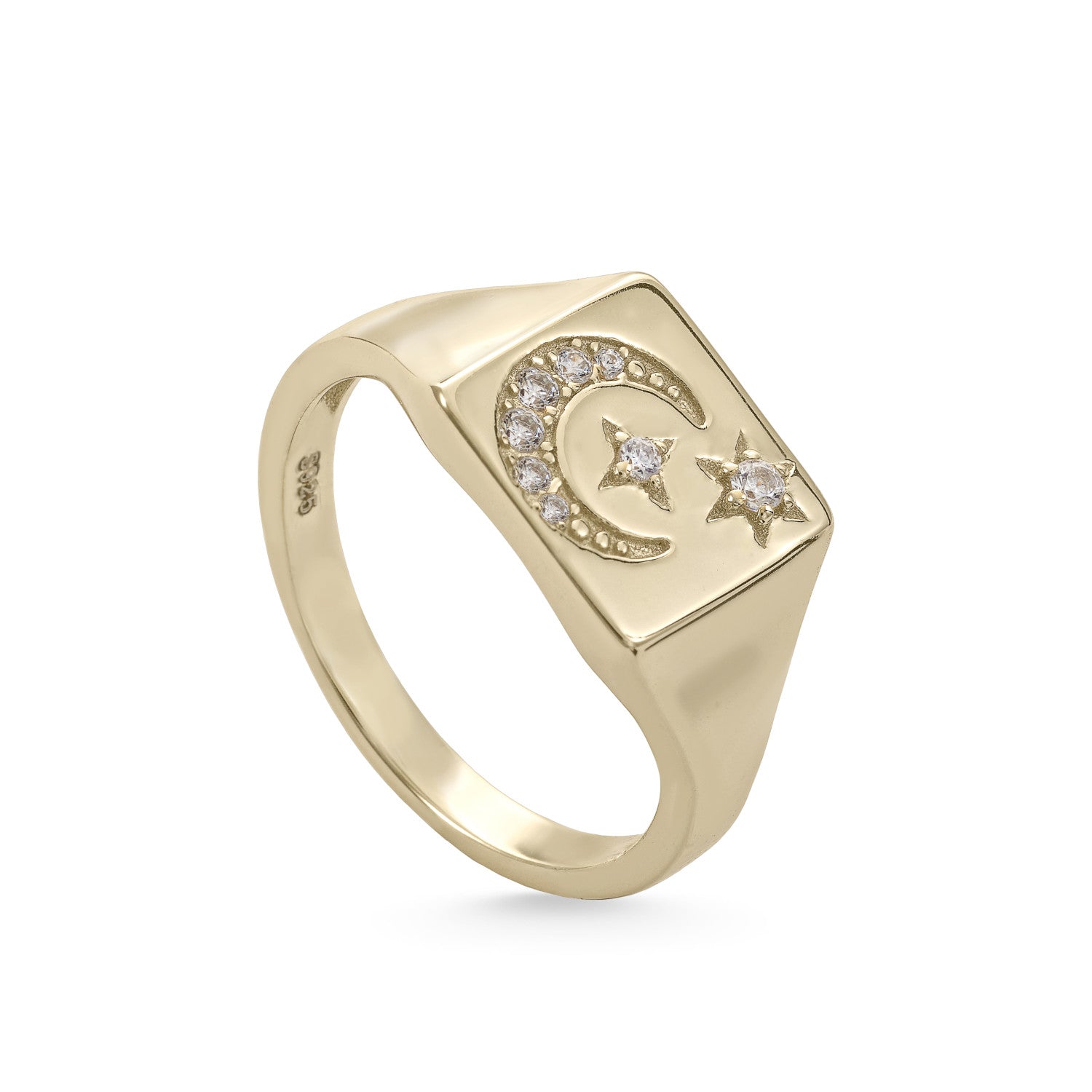 Anillo sello de plata con motivo de luna y estrellas-LINEARGENT