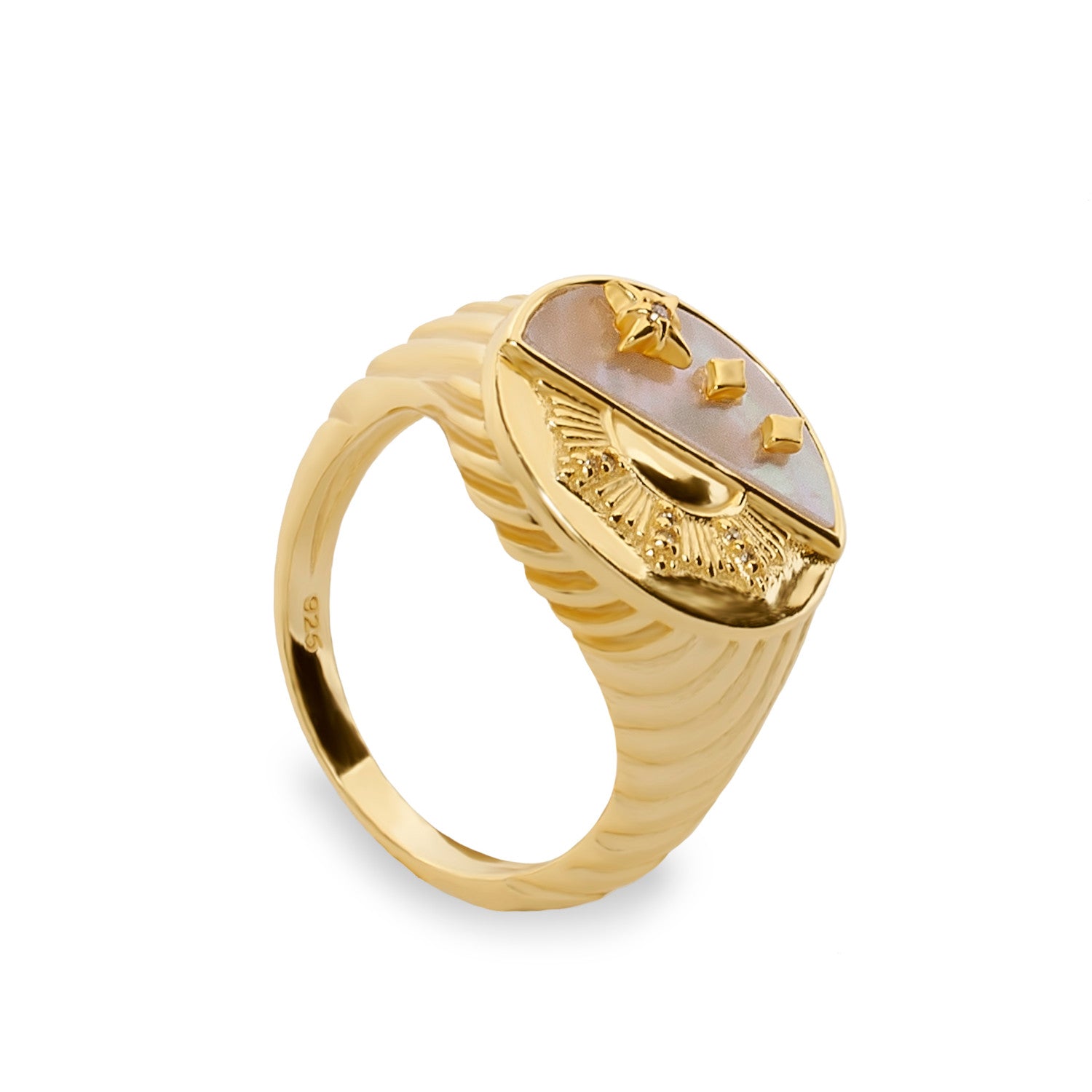 Anillo sello de plata diseño celestial combinado con nácar-LINEARGENT