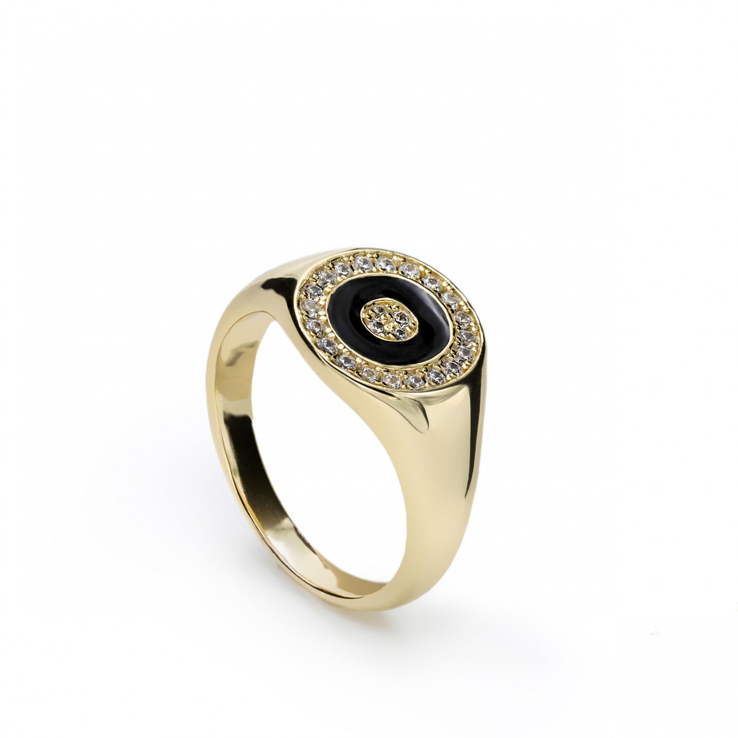 Anillo sello diseño circular esmalte negro con circonitas-LINEARGENT