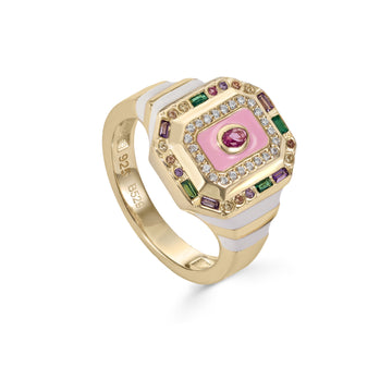 Anillo sello diseño octagonal con esmalte y circonitas