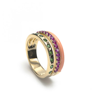 Anillos anchos diseño combinado de esmalte naranja y gemas