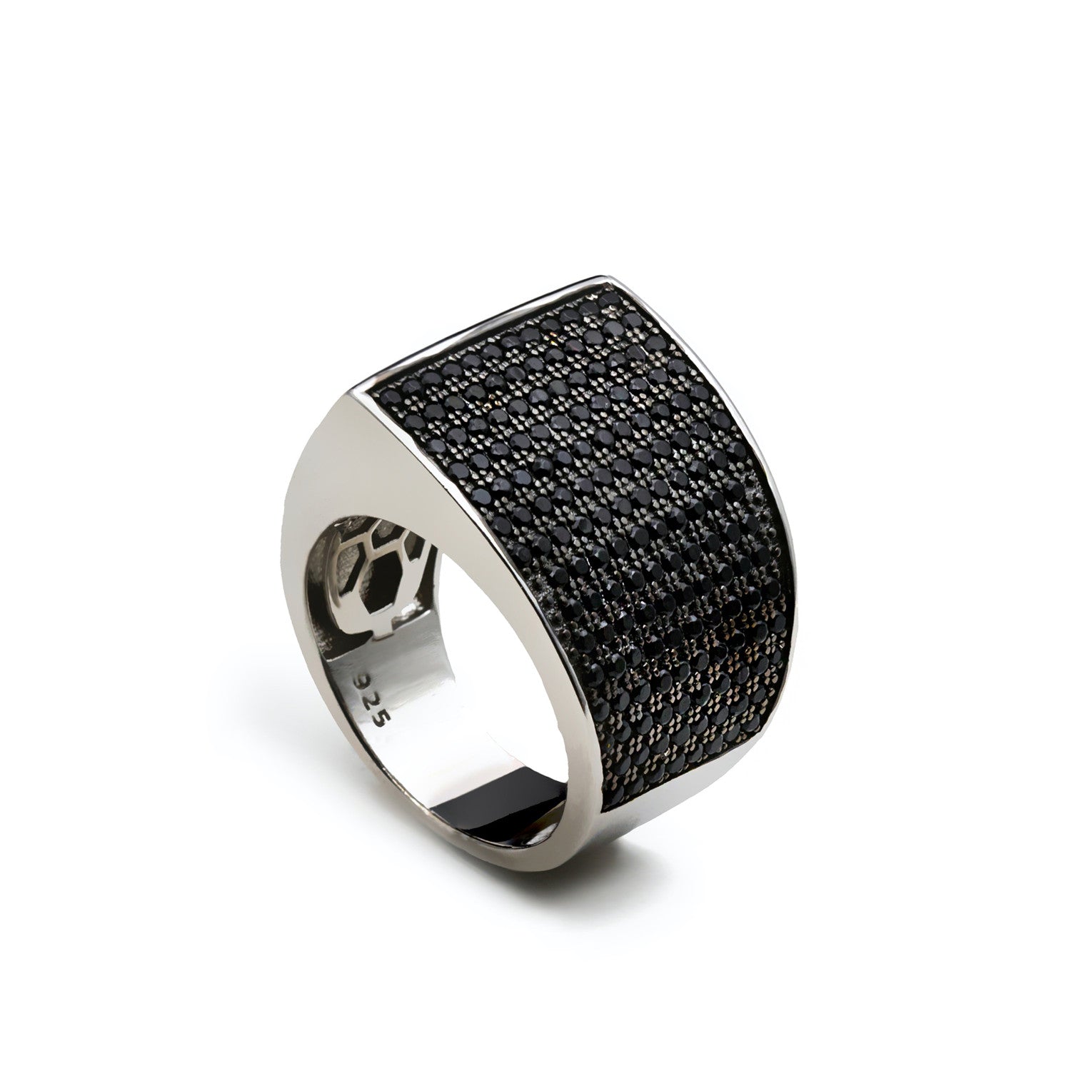 Rings wide silver design black zirconias set