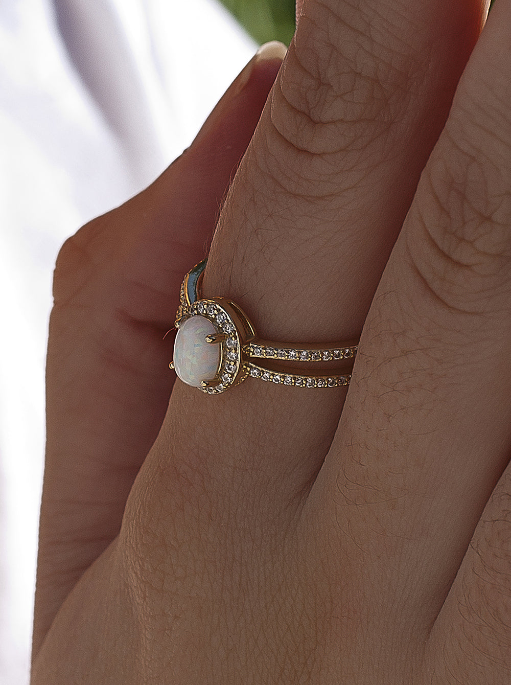 Anillos circonitas de plata bañada en oro diseño ópalo y doble raíl-LINEARGENT