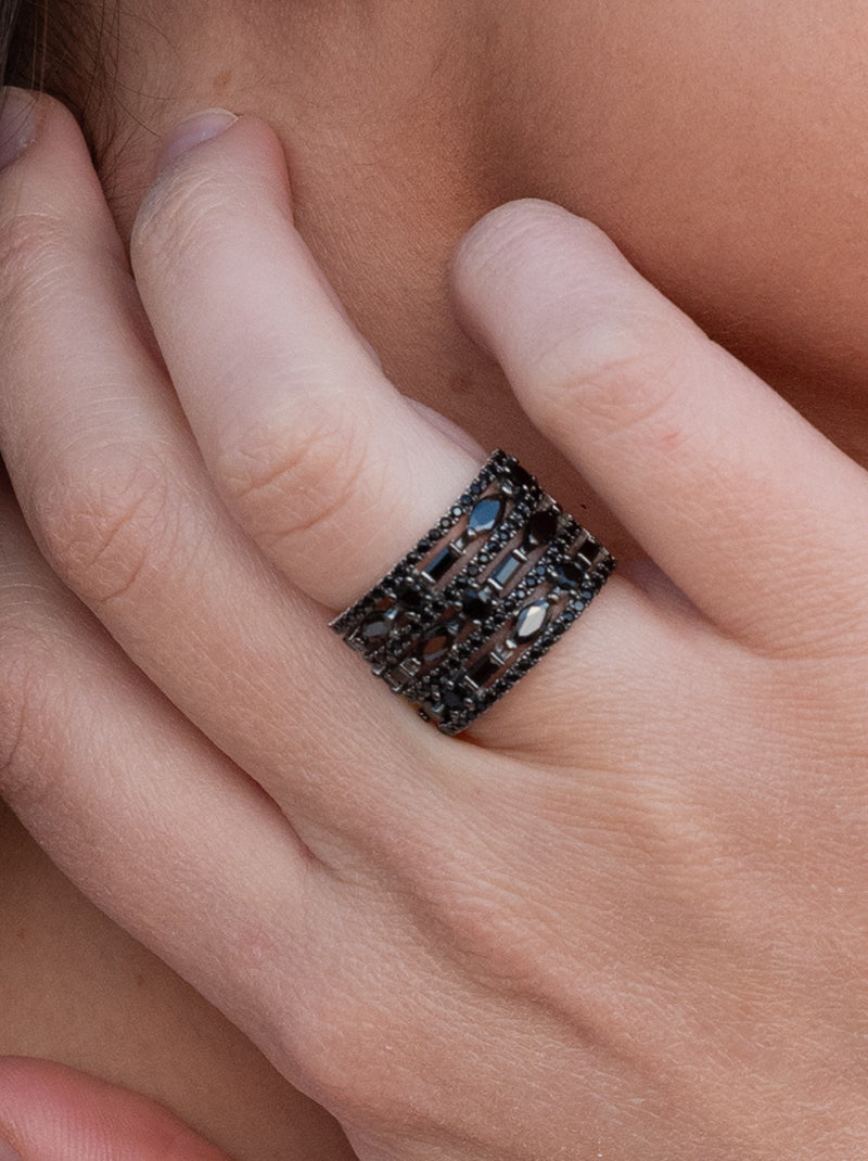 Rings zirconias silver colour black design LINEARGENT