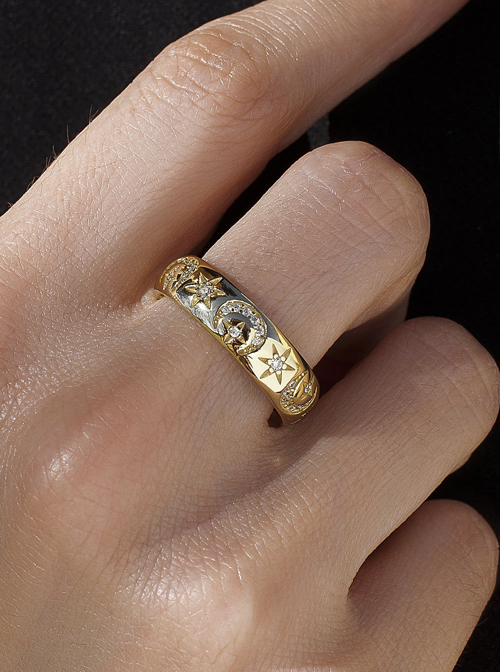 Anillos circonitas de plata con motivo de luna y estrellas-LINEARGENT