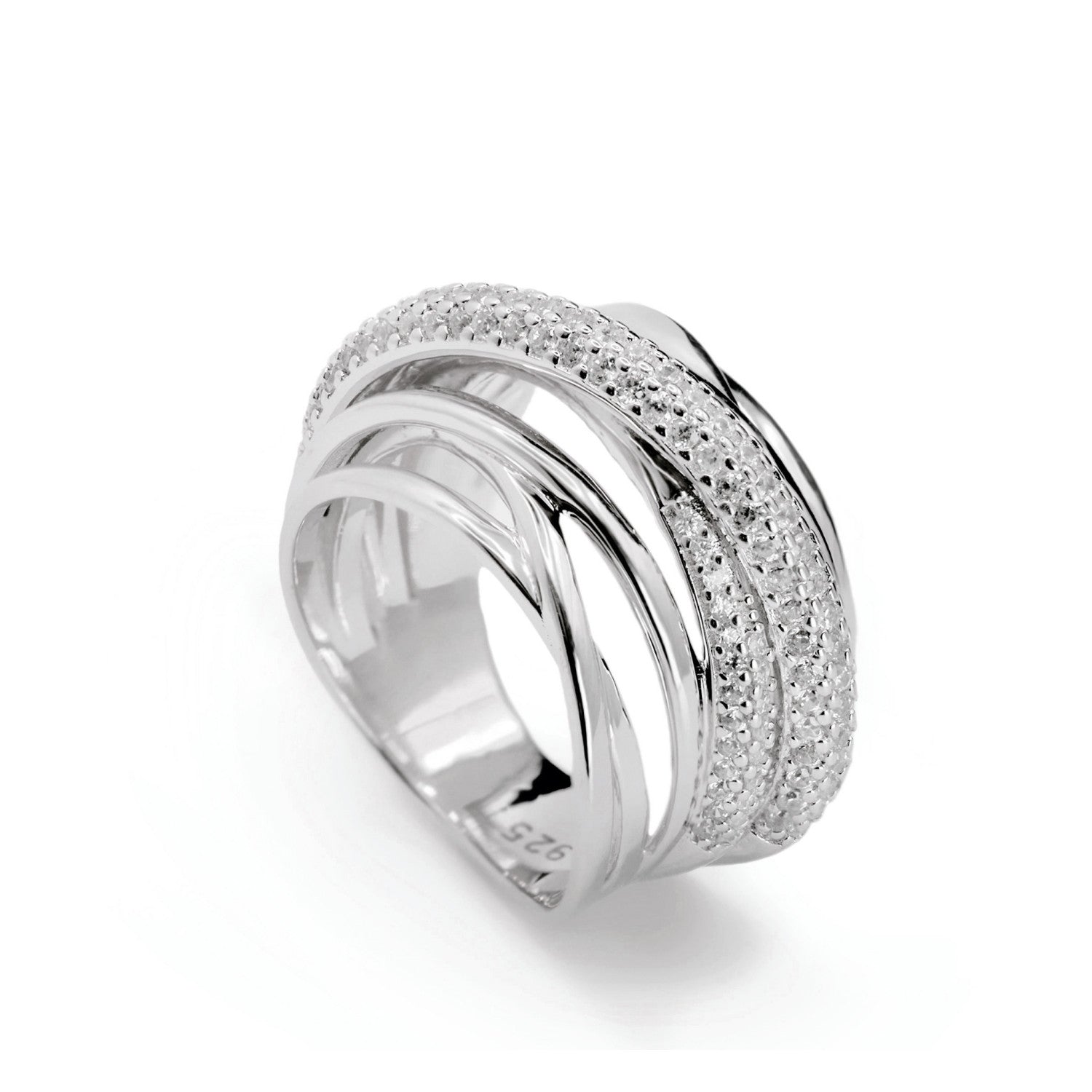 Anillos circonitas de plata con varios raíles de circonita y plata lisa