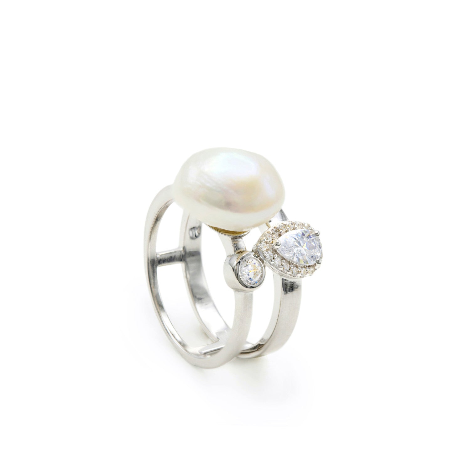 Anillos con perlas diseño doble con cuarzo adamantino-LINEARGENT