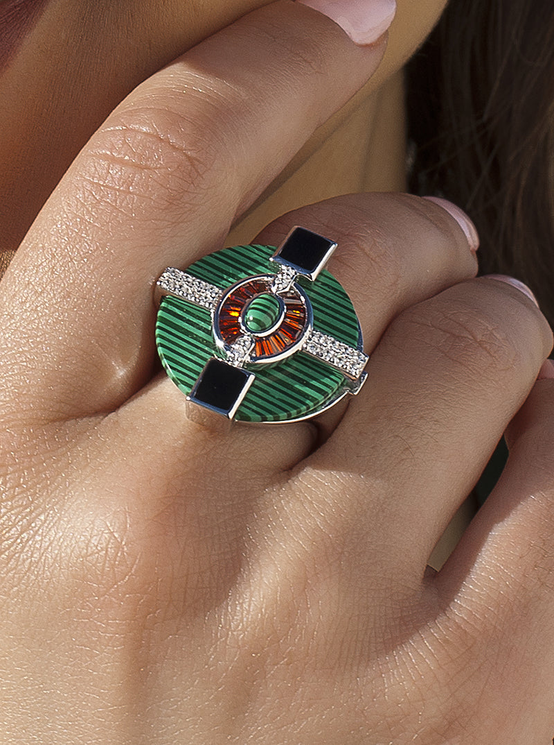 Anillos con piedras con malaquita y circonitas-LINEARGENT