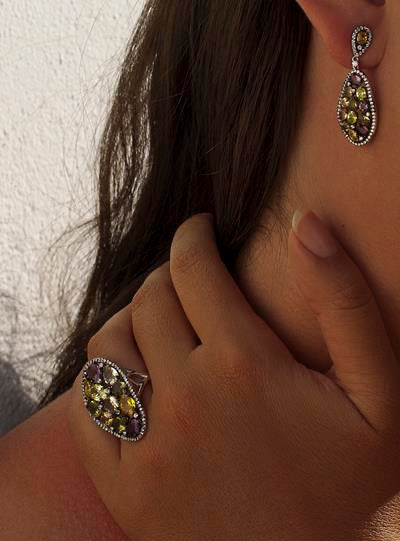 Anillos con piedras estilo curvilíneo mosaico verde-LINEARGENT