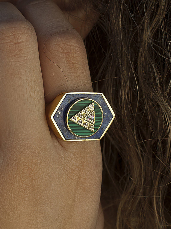 Anillos con piedras formados por lapislazuli malaquita y circonita-LINEARGENT