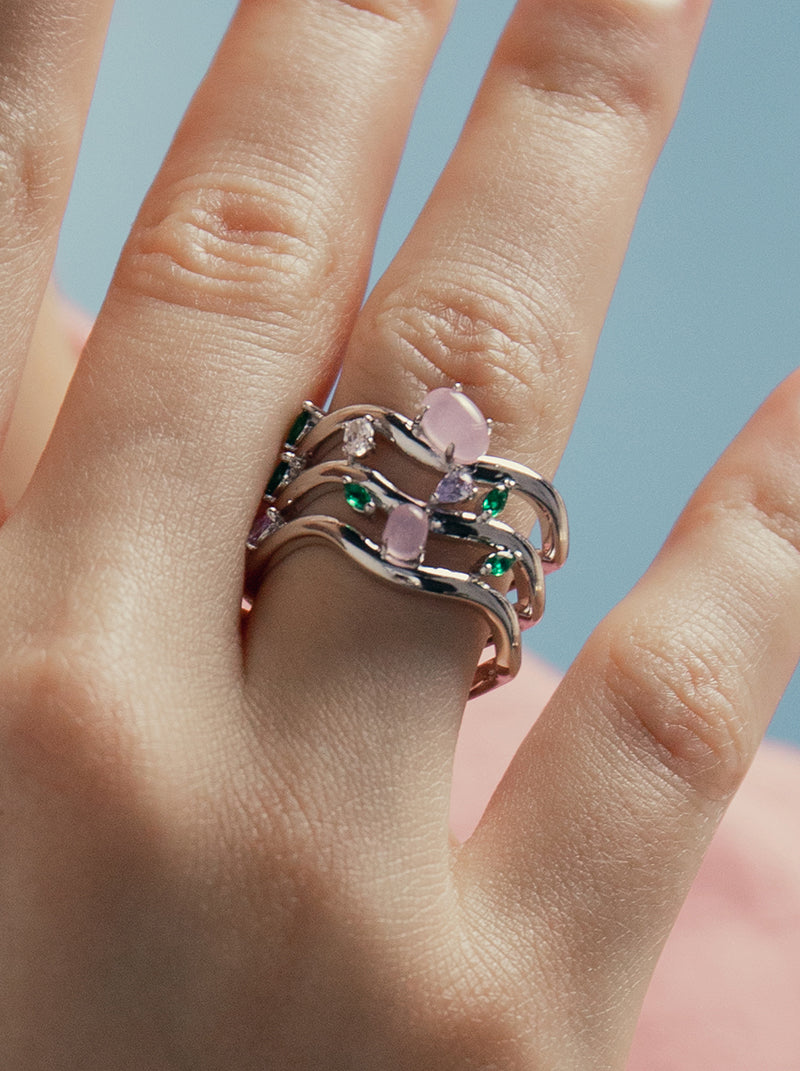 Anillos de diseño con tres carriles irregular con gemas-LINEARGENT