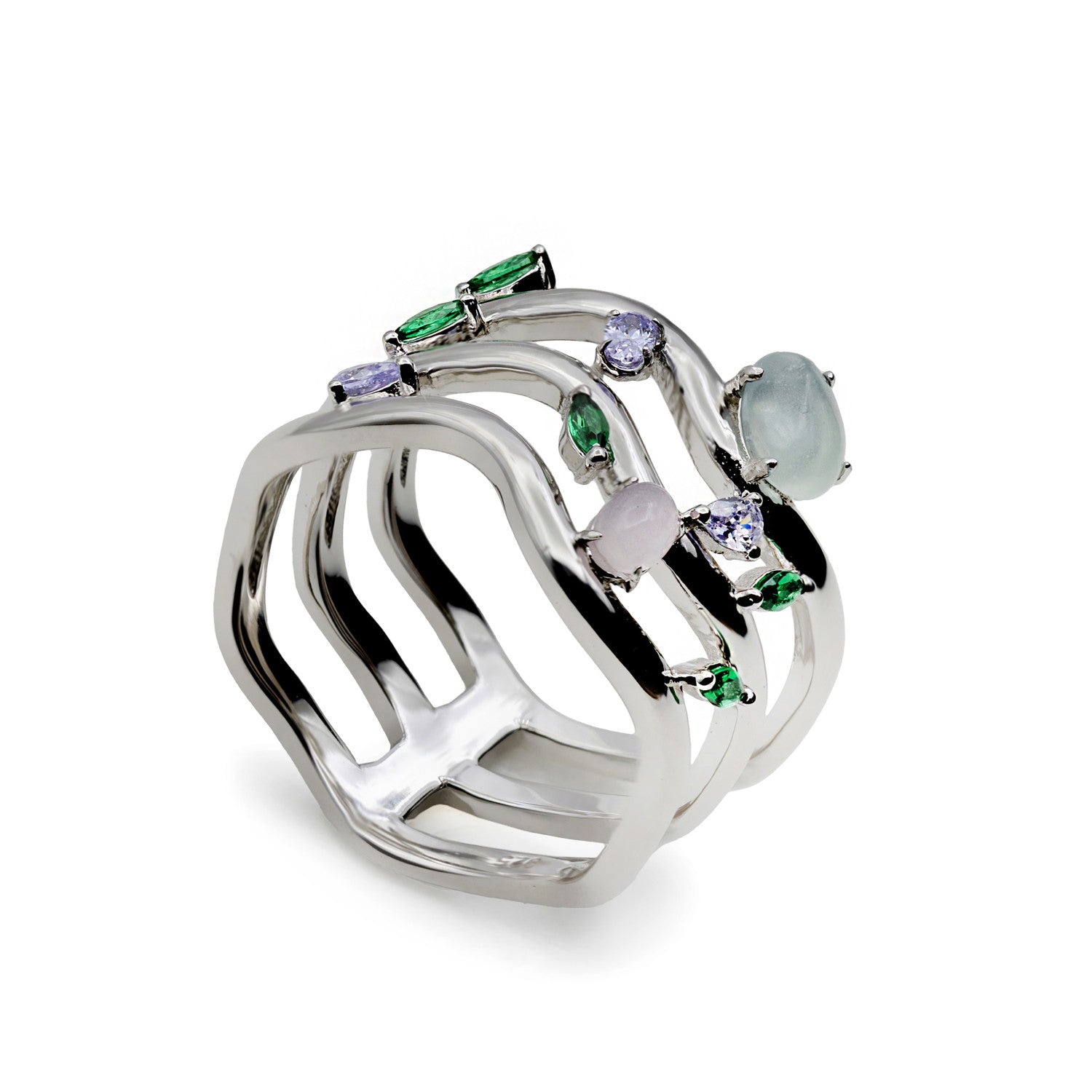 Anillos de diseño con tres carriles irregular con gemas-LINEARGENT