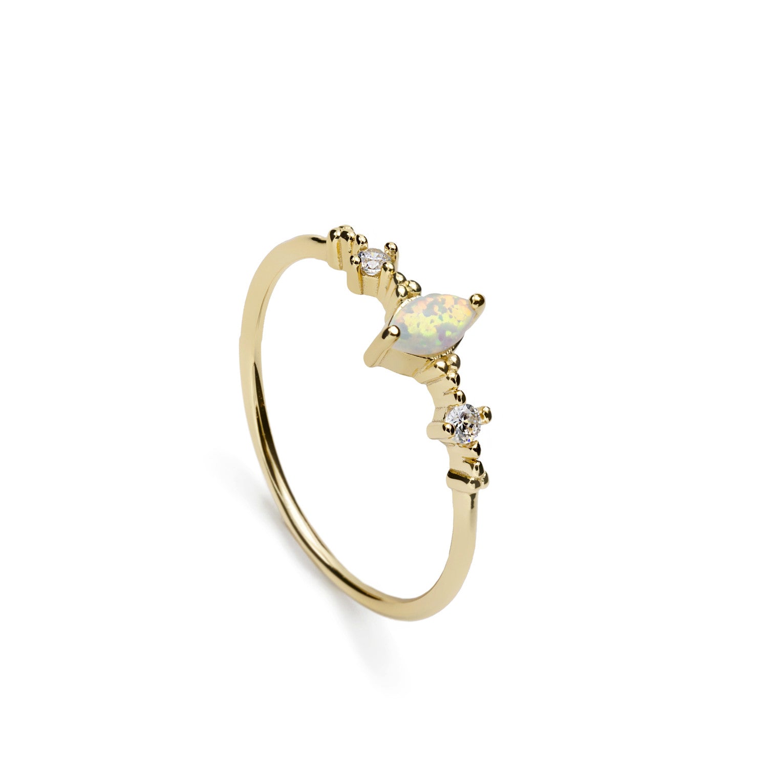 Anillos finos de plata bañada en oro con ópalo central y circonitas-LINEARGENT