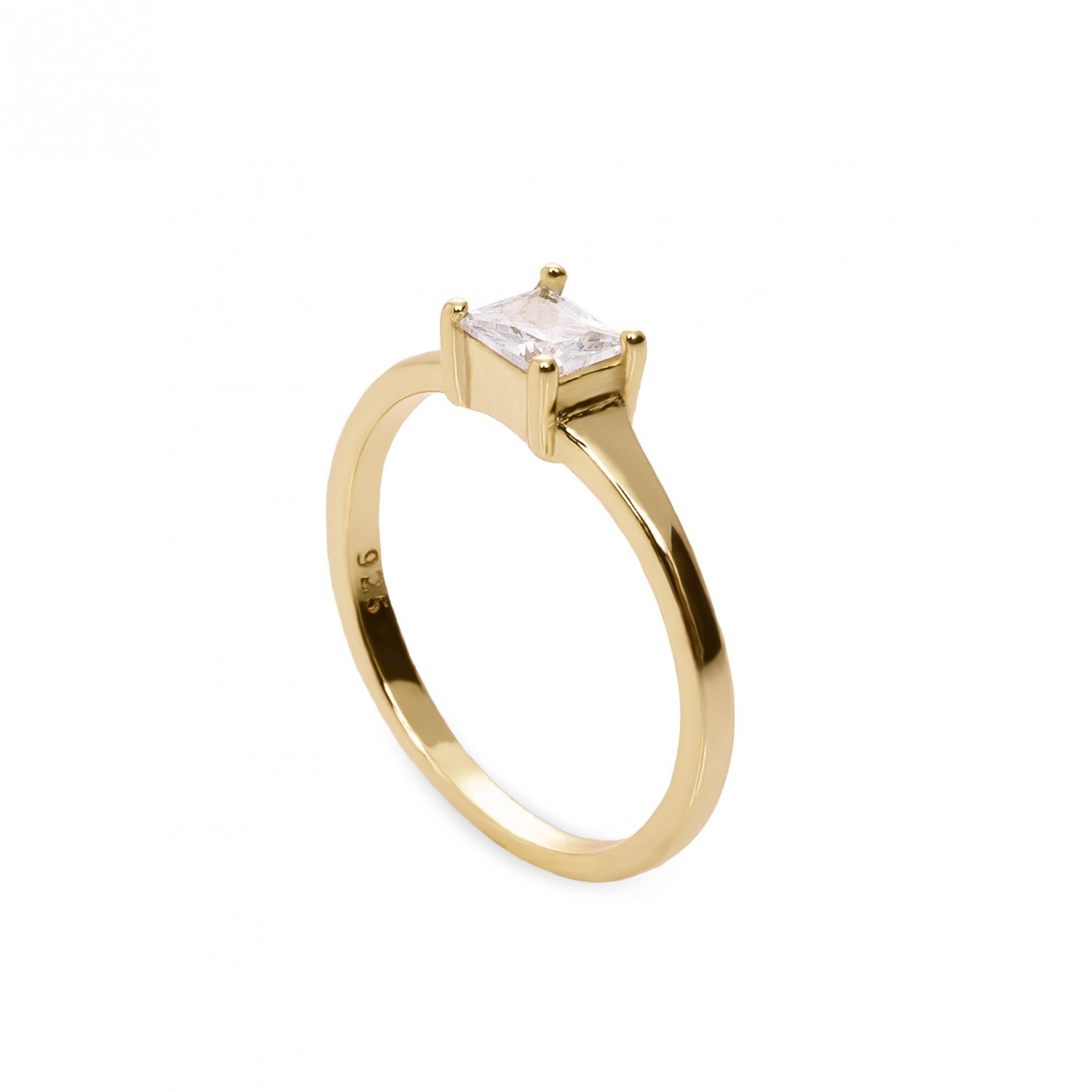 Anillos finos de plata cuarzo adamantino central bañado en oro-LINEARGENT